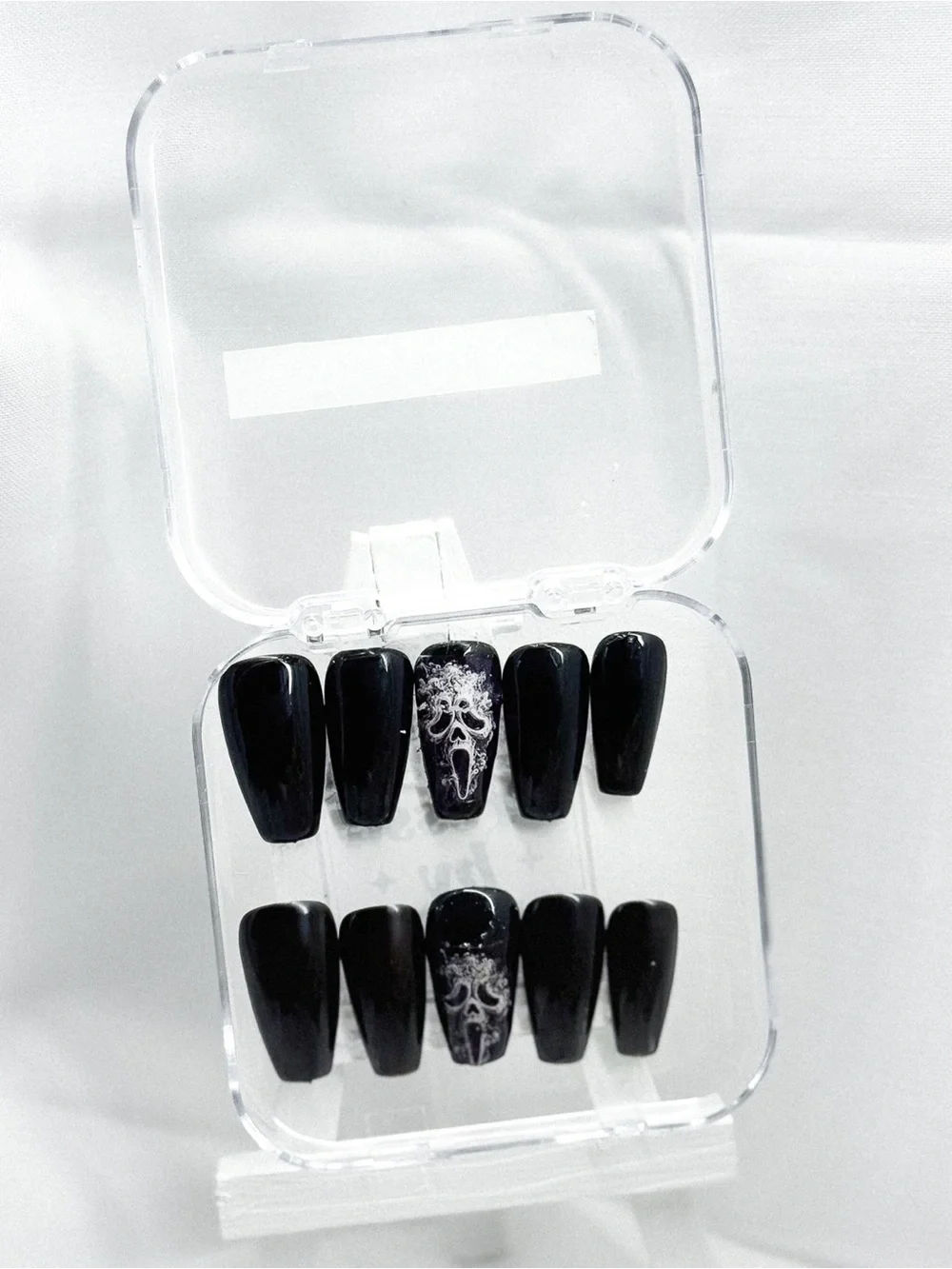 Black Press-On Nails with White Skull Accent - Women Makeup Press-On Nails